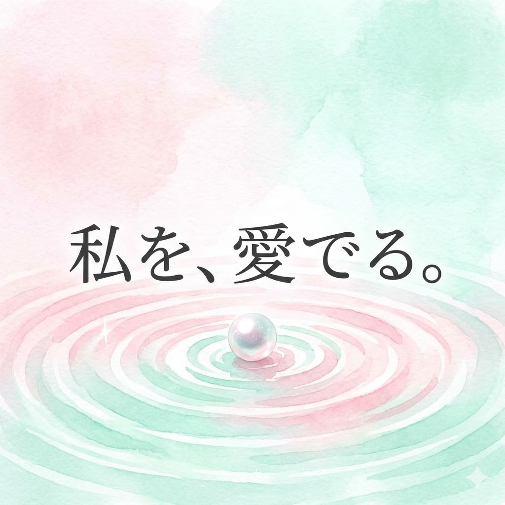 水面に浮かぶ一粒の真珠。水彩画風の淡い色調。