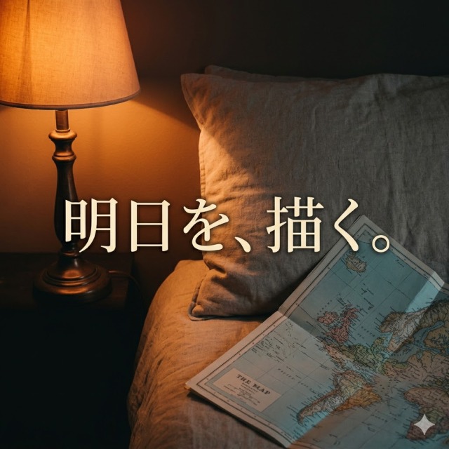 温かなオレンジ色のライトに照らされた寝室。休息と再生。