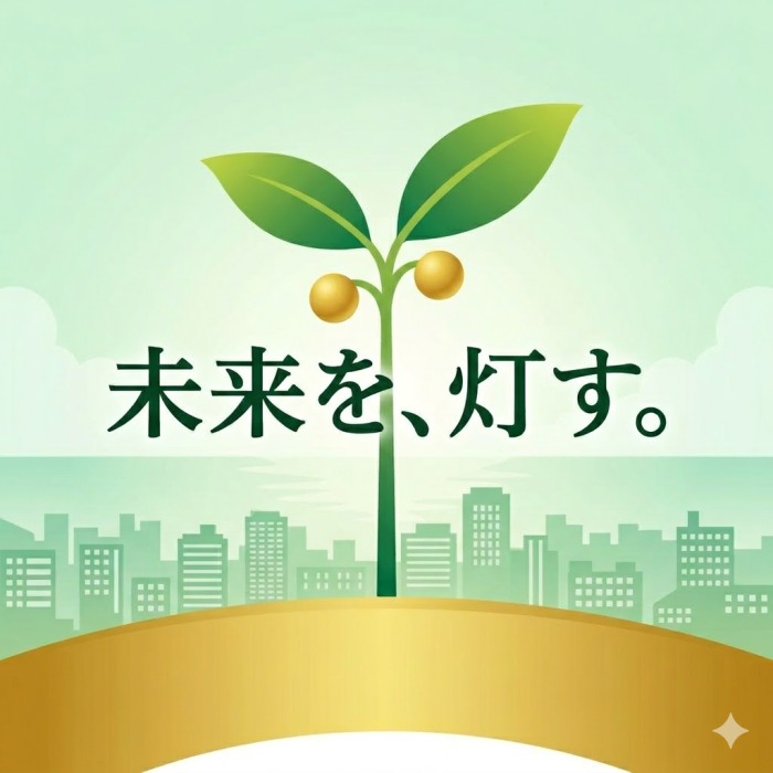 幾何学模様から芽吹く、金の果実をつけた新芽。