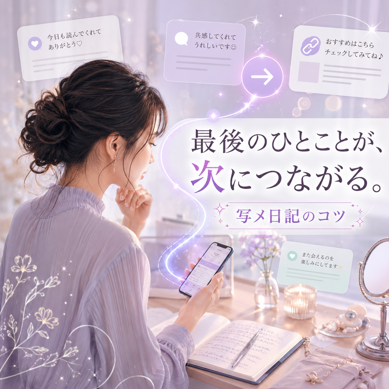スマホを見ながら写メ日記の次の導線を考える女性と、リンクや矢印の浮遊UI