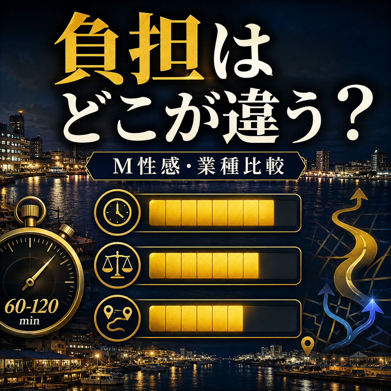 那覇の夜景と港を背景に、M性感と他業種の負担の違いを比較するダッシュボード風アイキャッチ画像