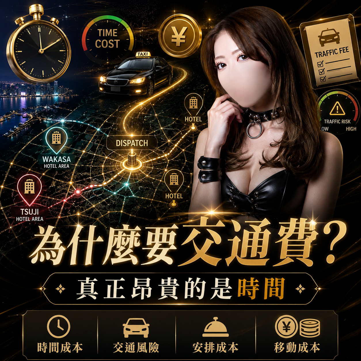那霸夜晚地圖、交通路線、計時器與女性形象，說明交通費真正包含時間成本、交通風險與安排成本