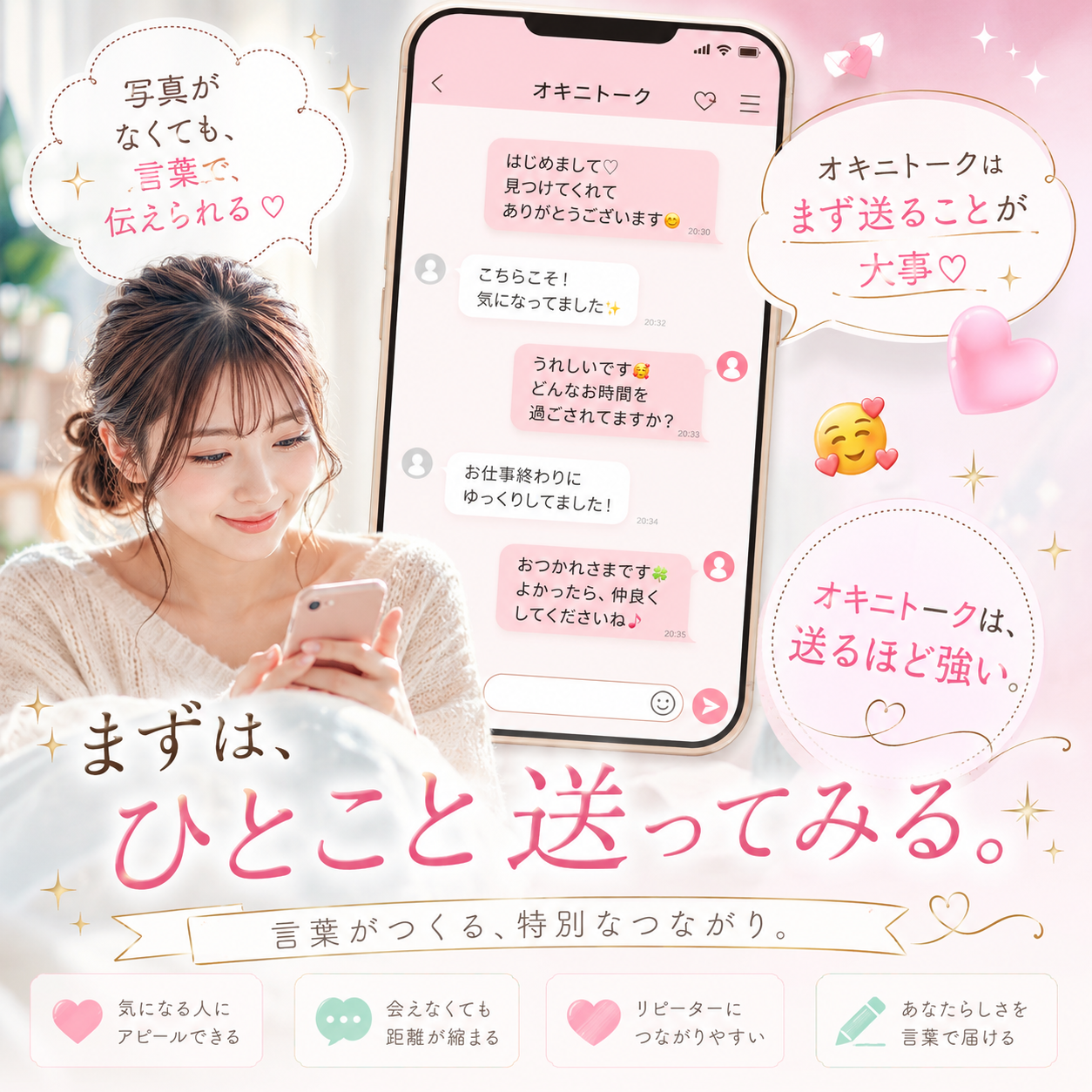 オキニトークで男性に言葉を届ける女性とスマホのチャット画面