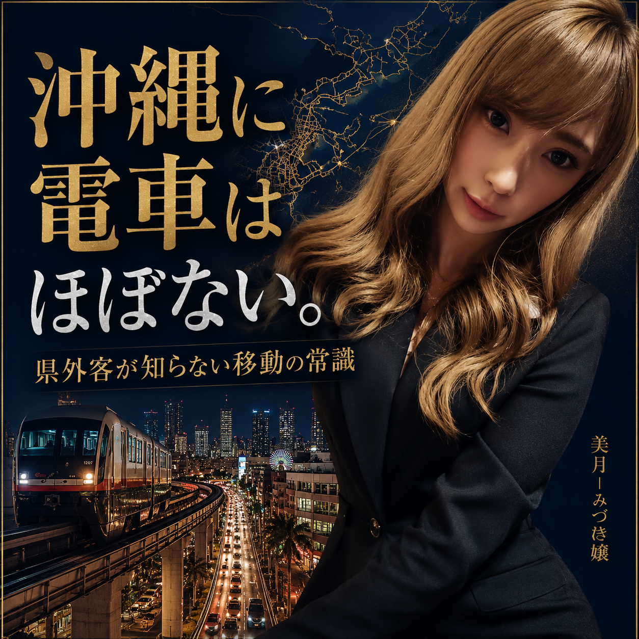 那覇の夜景とゆいレールを背景に、沖縄では電車移動がほぼ使えないことを伝える美月嬢のアイキャッチ画像