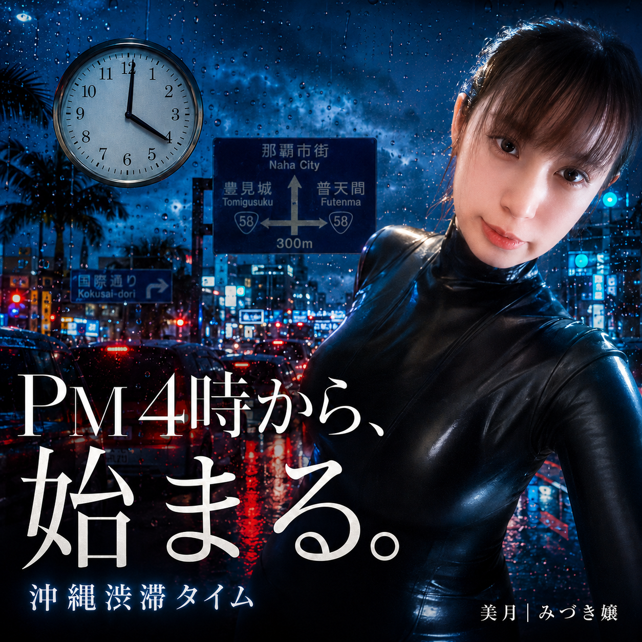 雨の那覇市街と沖縄の渋滞を背景に、美月が写る「PM4時から、始まる。」のアイキャッチ画像