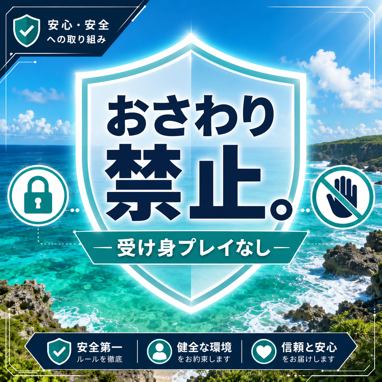 沖縄の青い海と岩場を背景に、盾・鍵・おさわり禁止マークで安全対策を示したアイキャッチ画像。「おさわり禁止。受け身プレイなし」の文字入り。