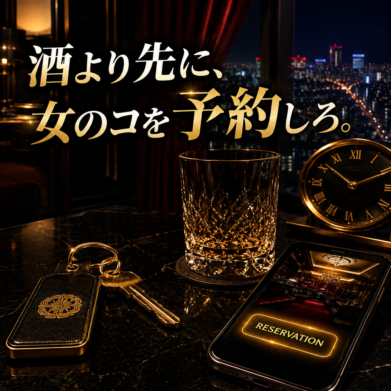 那覇の夜景を背景に、ホテルキー、グラス、予約画面のスマホ、時計を配置した高級感ある黒金赤のアイキャッチ画像
