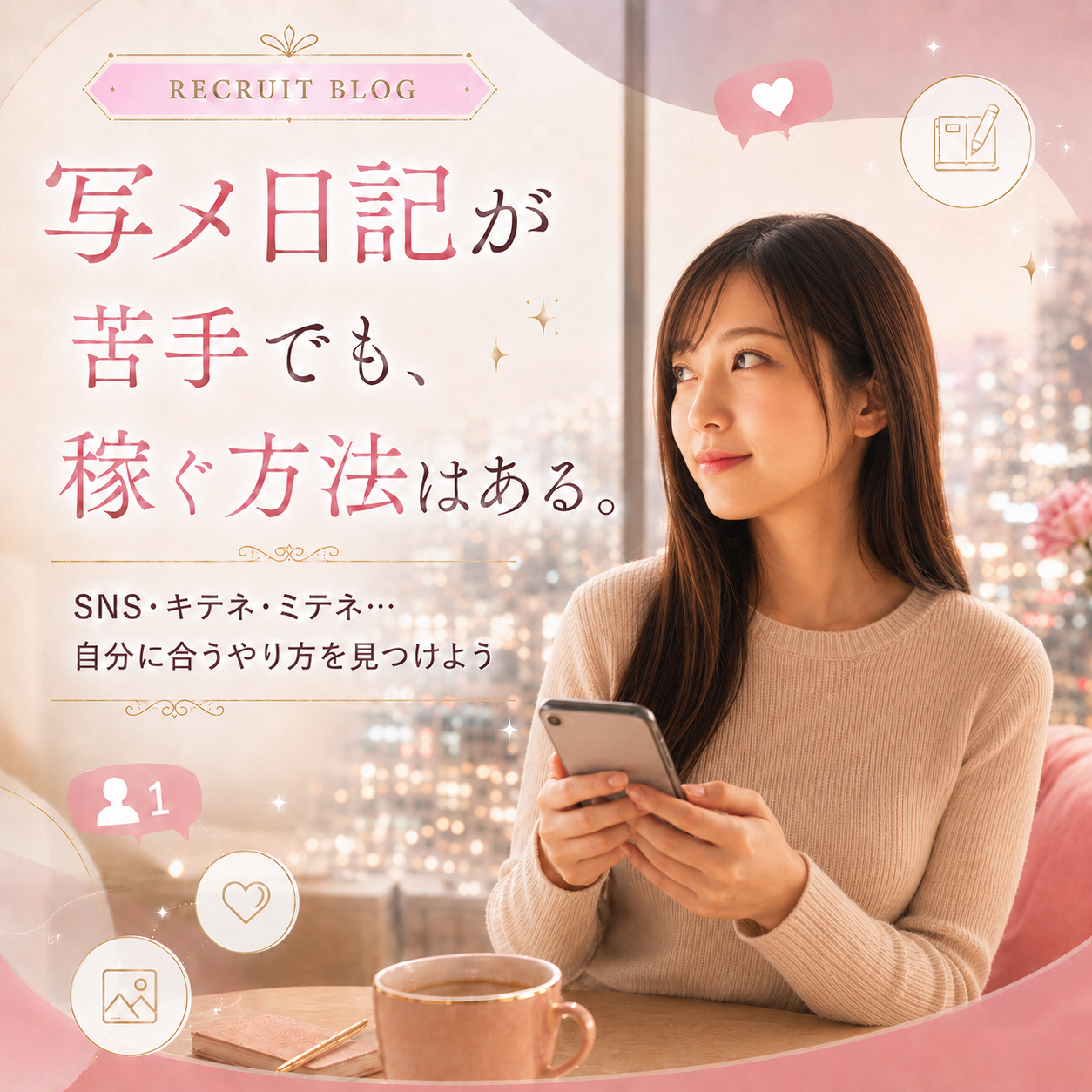 スマホを持つ女性と夜景を背景に、写メ日記が苦手でもSNSやキテネ・ミテネで自分に合う集客方法を見つけられることを伝える求人ブログのアイキャッチ画像