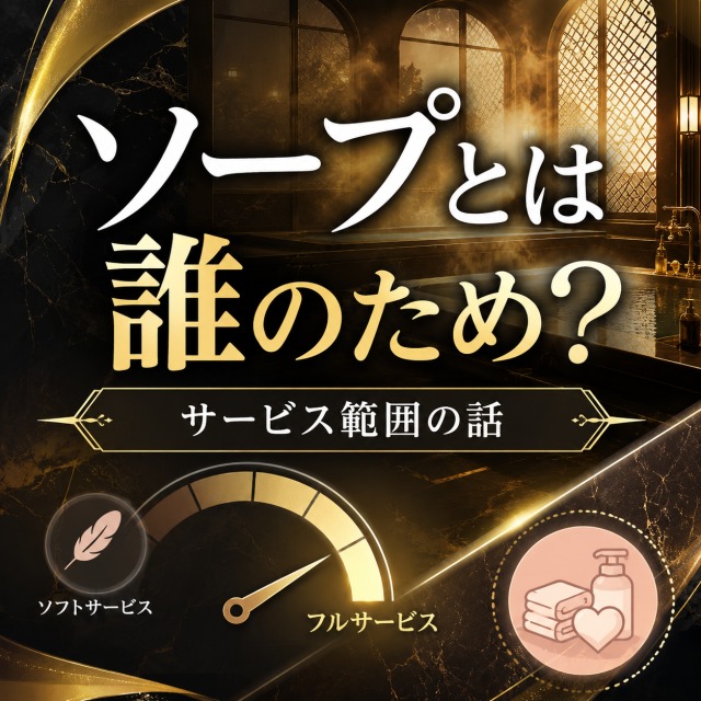 金色の湯気とサービス範囲メーターでソープの特徴を示す比較アイキャッチ
