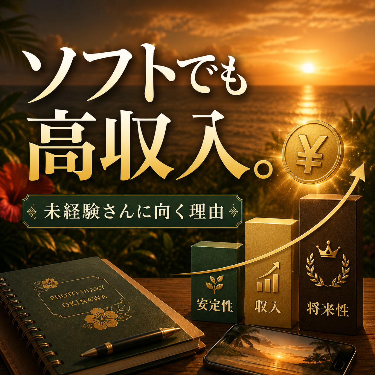 沖縄の夕陽と海を背景に、円コインと収入比較バー、写メ日記用のノートとスマートフォンを配置した求人ブログ用アイキャッチ画像