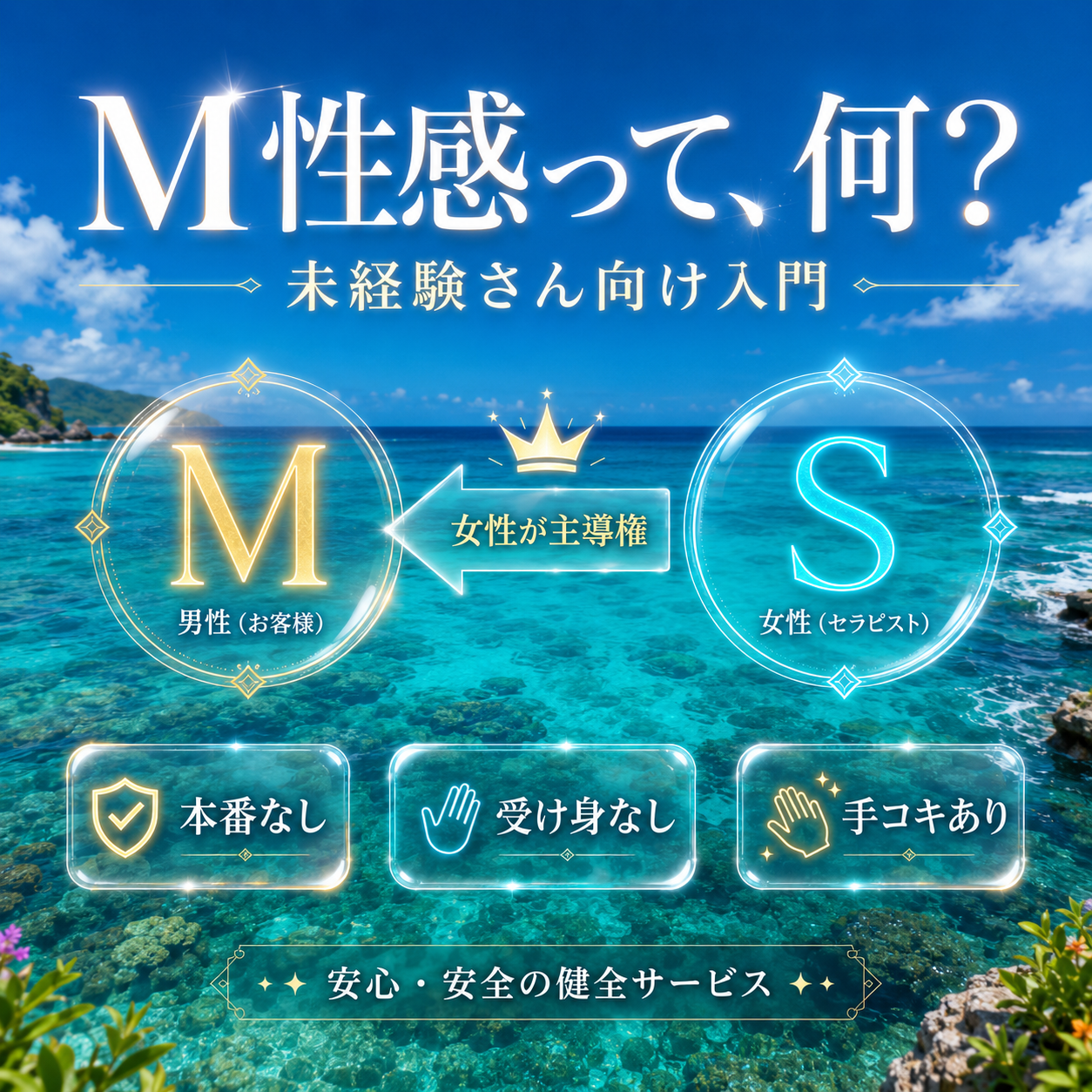 沖縄の青い海を背景に、M性感の仕組みを未経験女性向けに説明するアイキャッチ画像。「M性感って、何？」「未経験さん向け入門」の文字入り。