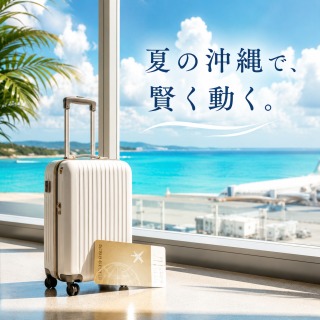 沖縄の空港窓辺に置かれた白いスーツケースと金色の搭乗券