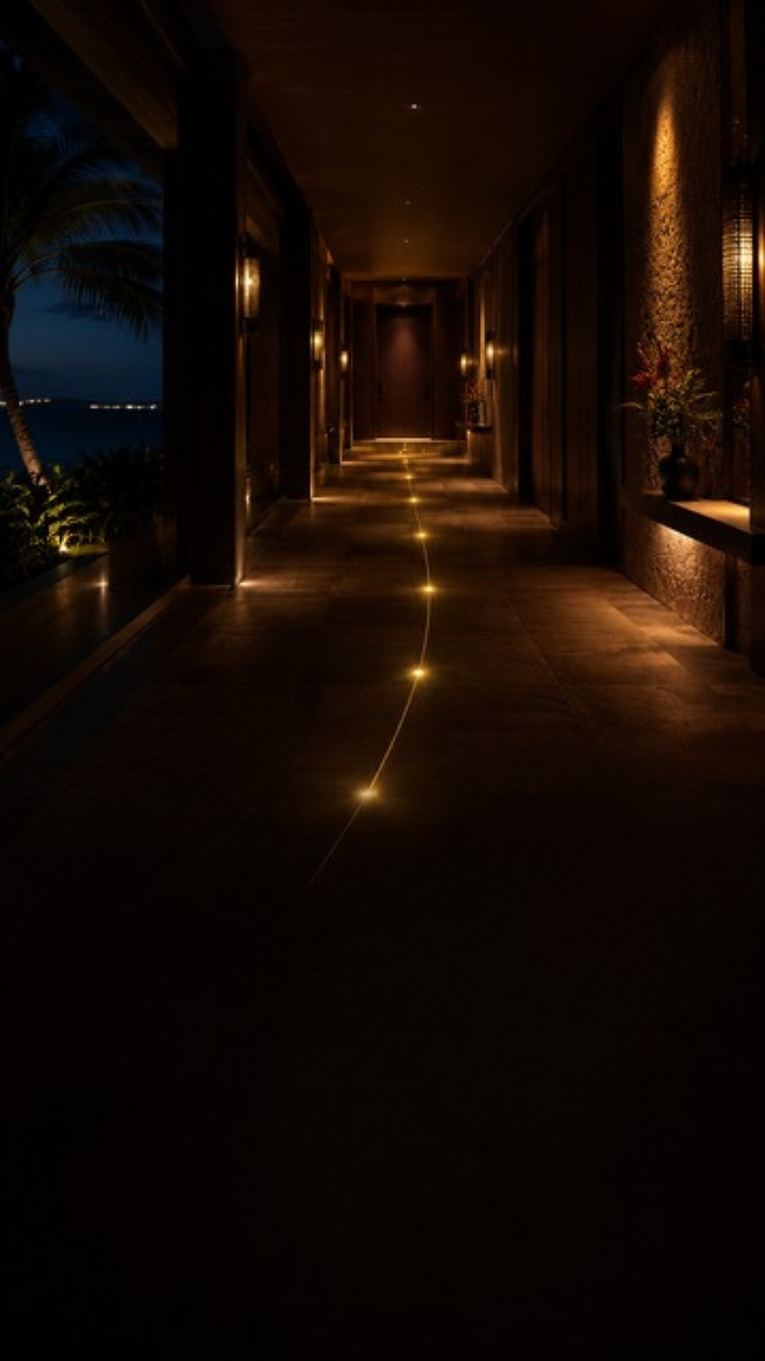 Dark luxury hotel corridor with a gold illuminated path