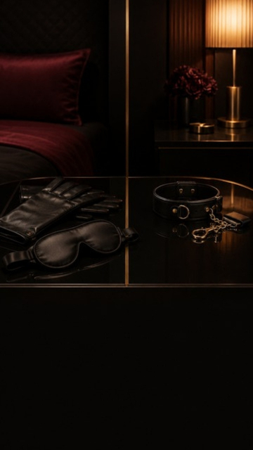 Black gloves, eye mask and restraint accessories arranged on a luxury hotel table