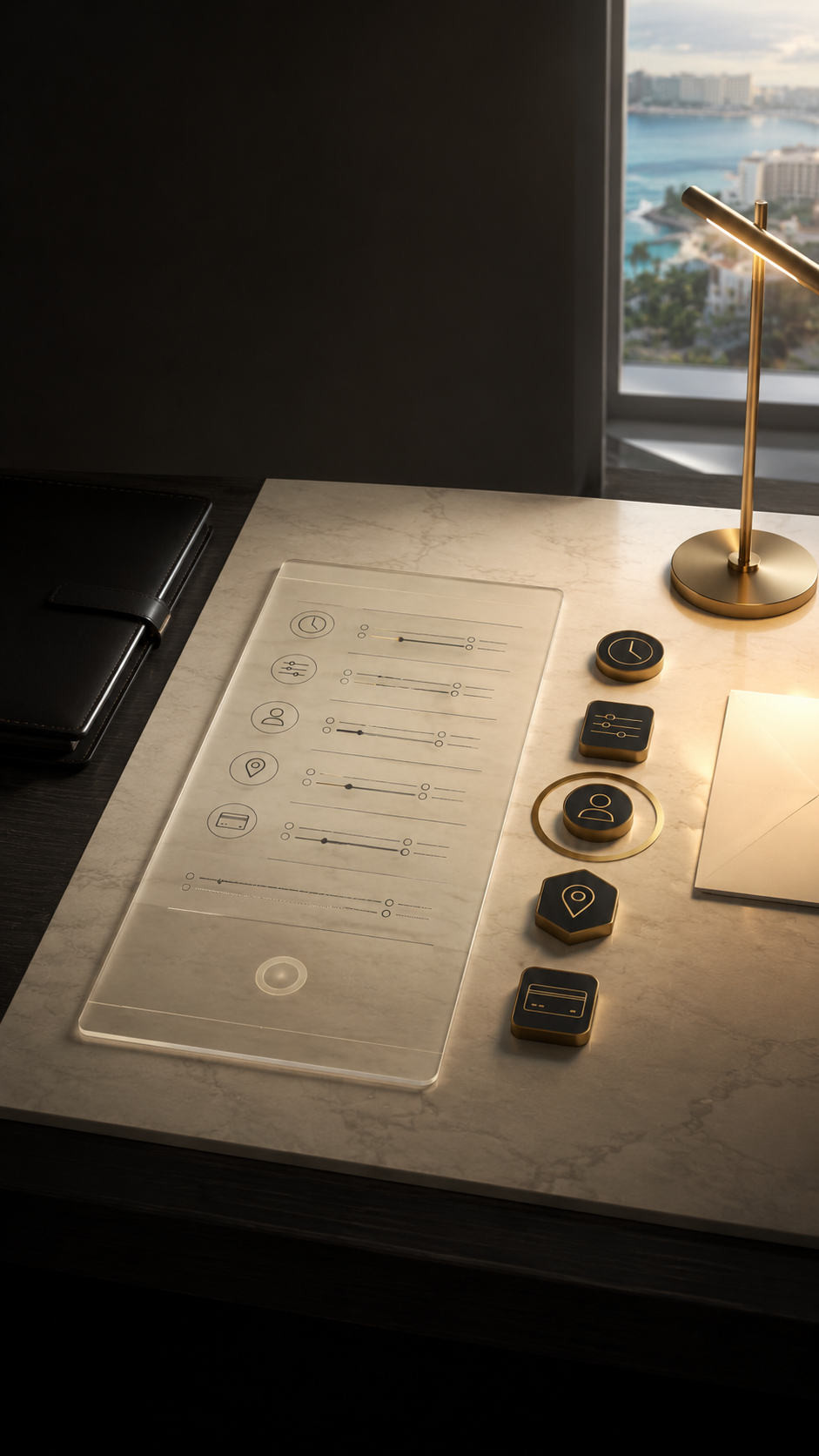 Luxury concierge desk with a clear estimate sheet and selector tokens for building a private service estimate in Okinawa