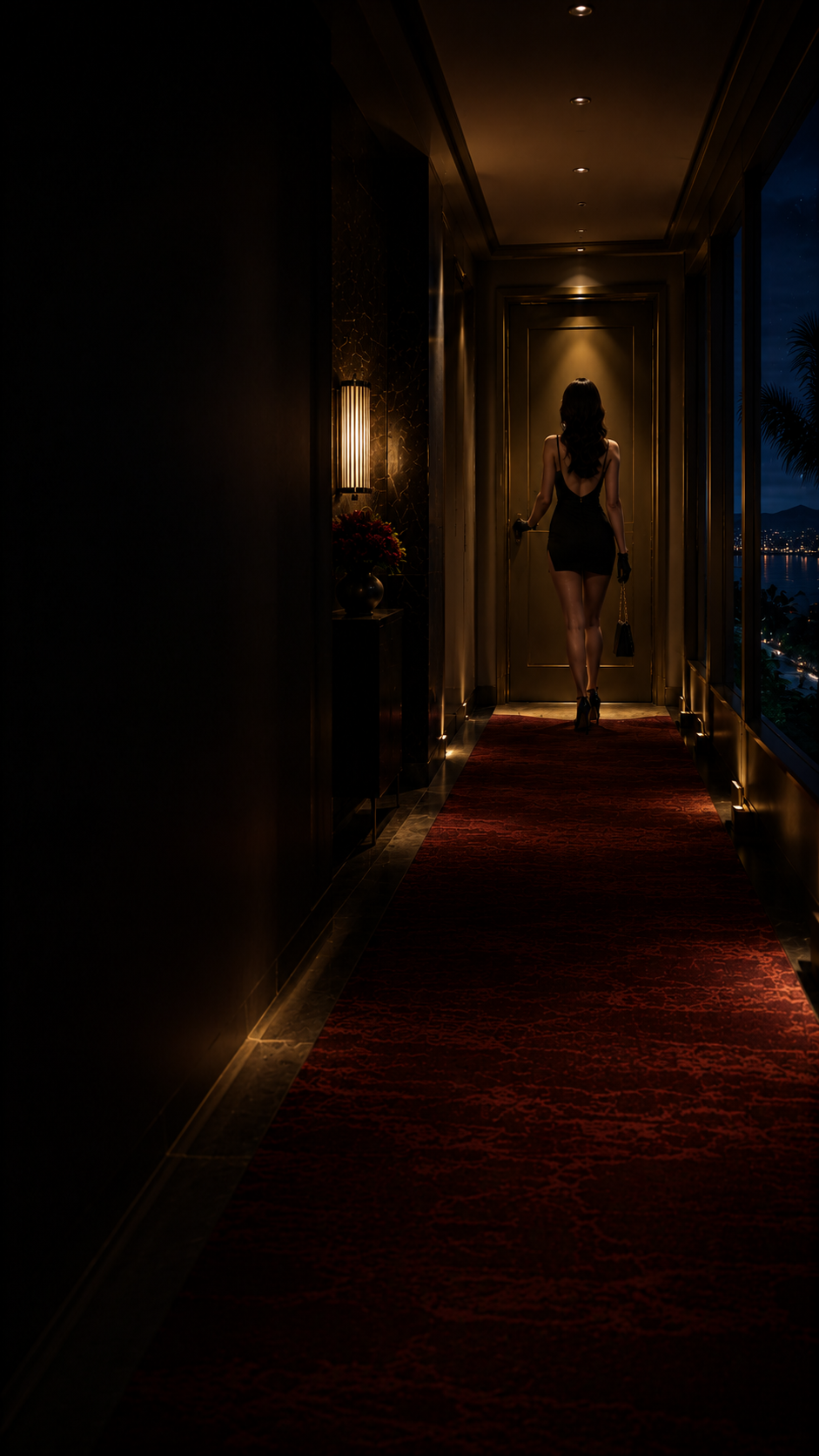 An adult woman approaching a private hotel room in Okinawa