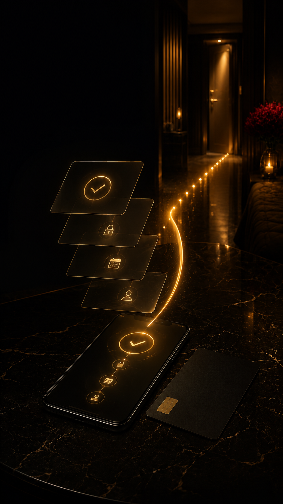 Smartphone and payment card with glowing confirmation icons