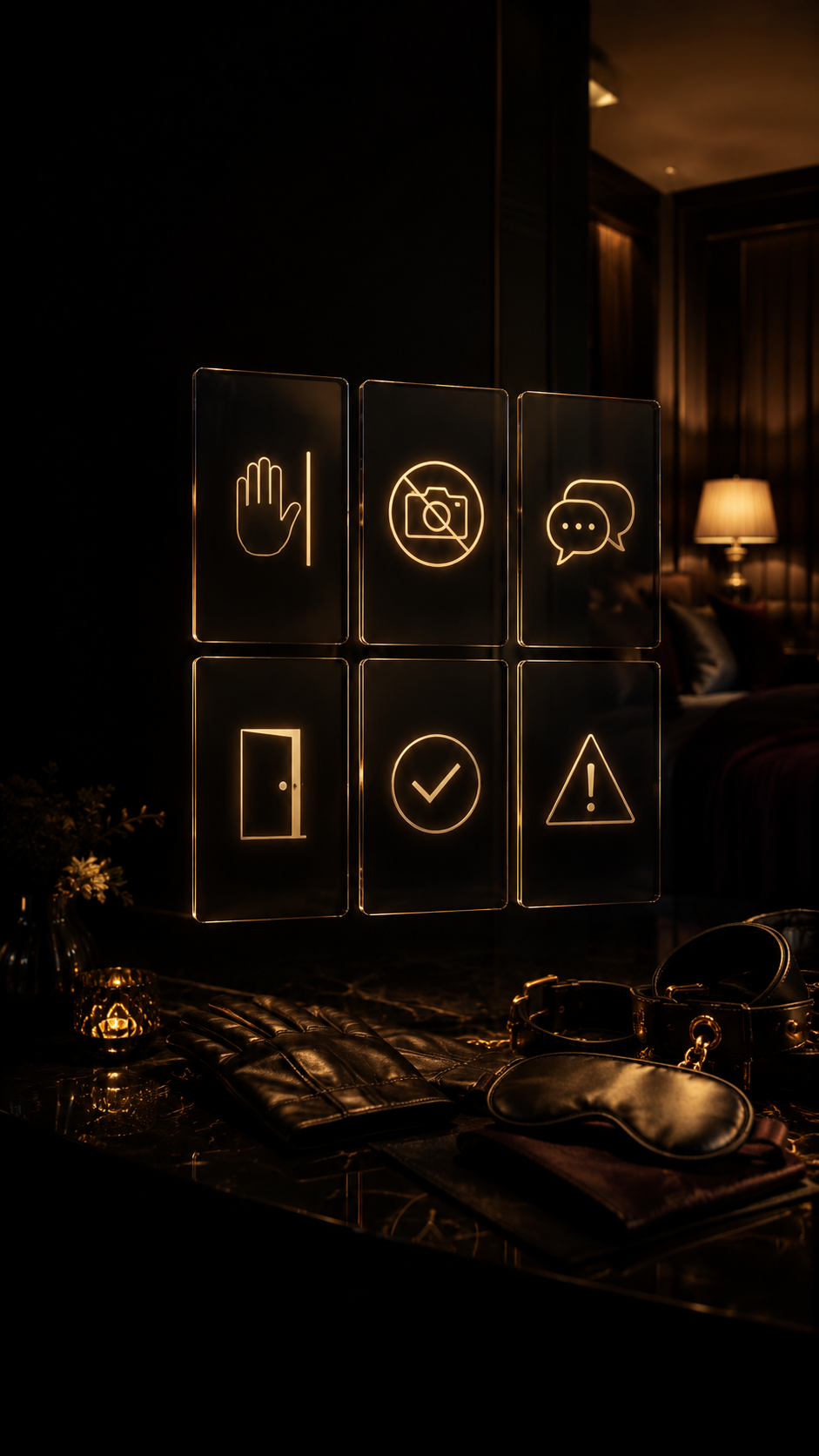Six glowing glass panels showing icons for boundaries, privacy and confirmation