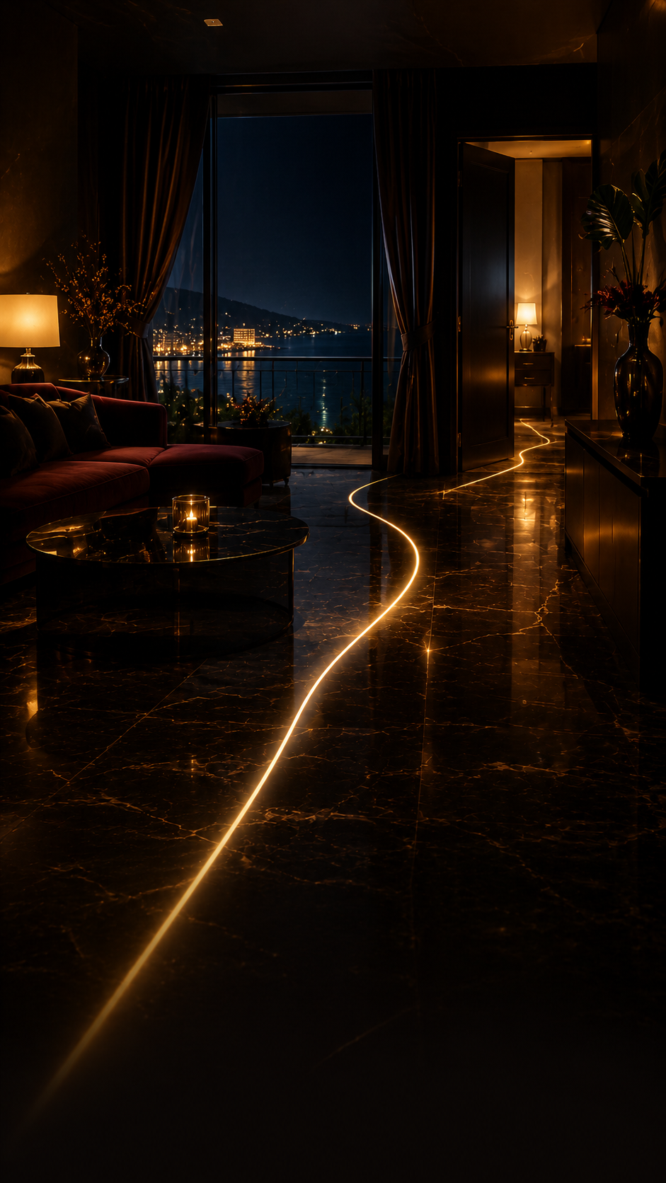 Luxury Okinawa hotel room with a glowing path leading toward an open door
