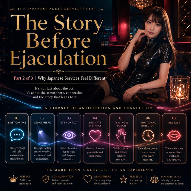 English eyecatch for Part 2 of 3 of a Japanese adult service guide, explaining the story before ejaculation through atmosphere, eye contact, teasing, emotional build-up and release.