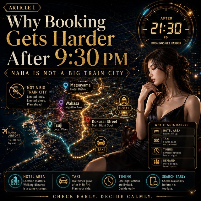Naha nightlife guide showing why bookings get harder after 9:30 PM with hotel area, taxi, timing and demand.