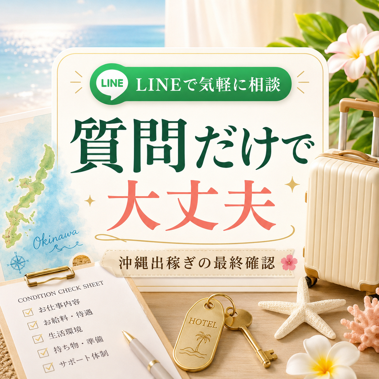 沖縄出稼ぎ前に仕事内容や条件をLINEで質問できる最終確認カード風イメージ