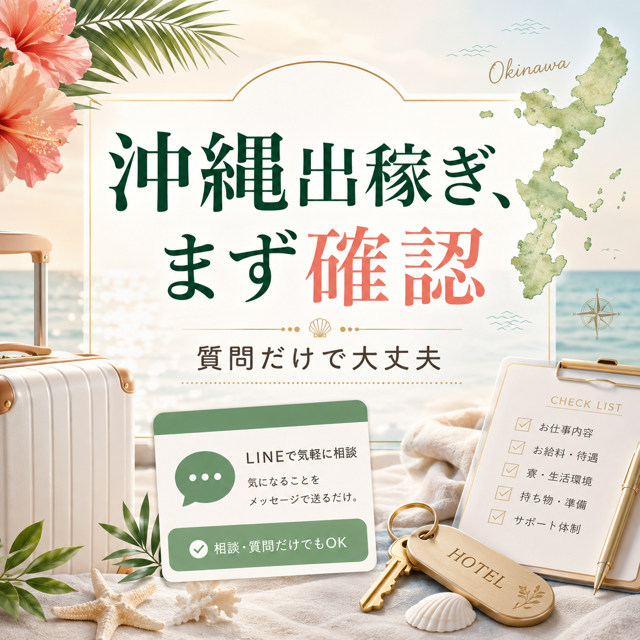 沖縄出稼ぎを考える女性が、仕事内容や宿泊条件をLINEで事前確認できることを示すアイキャッチ画像