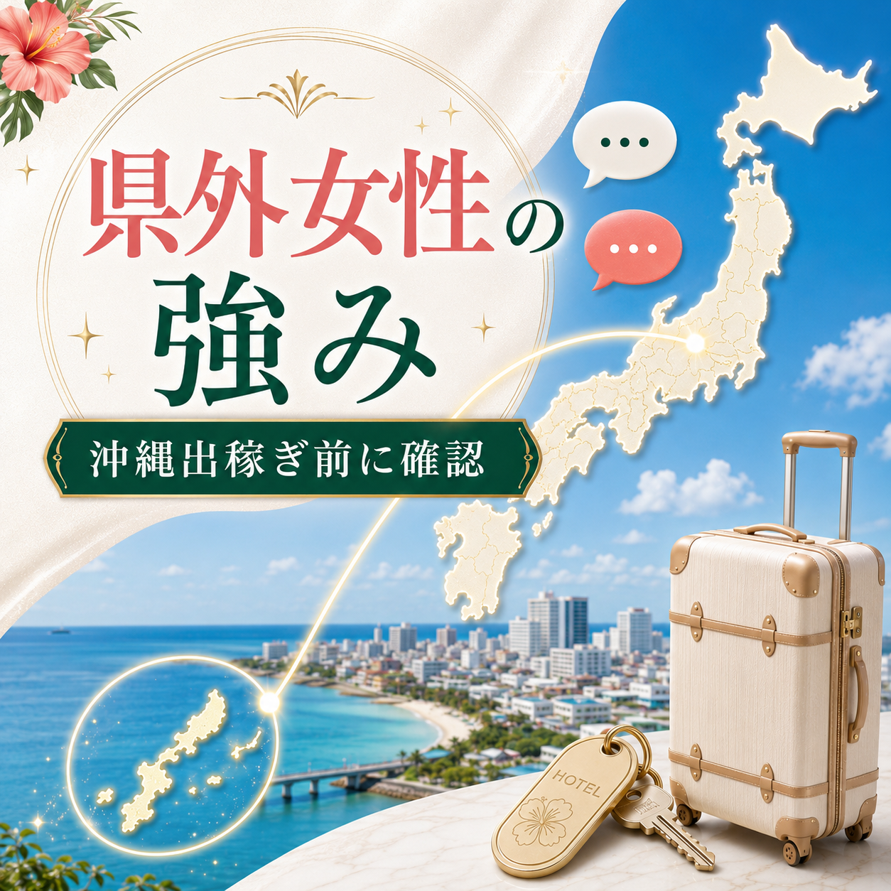 本土から沖縄へ向かう日本地図とスーツケースで県外女性の強みを表した求人アイキャッチ画像