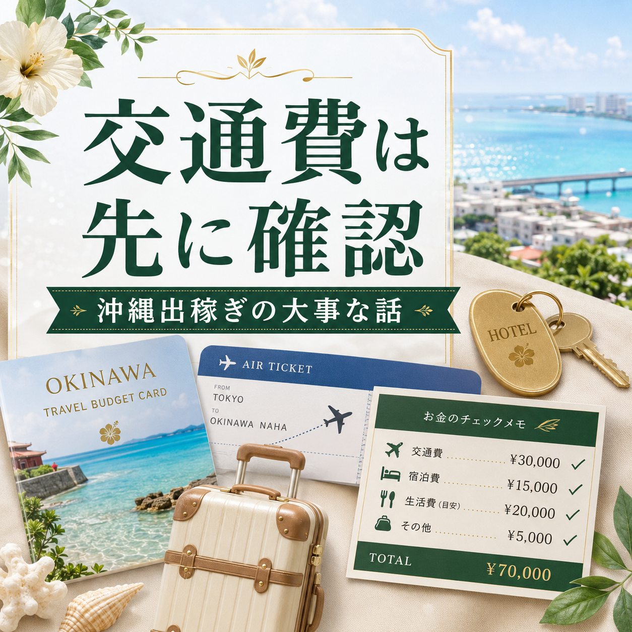 沖縄出稼ぎで航空券や宿泊費などの交通費を事前確認するイメージ