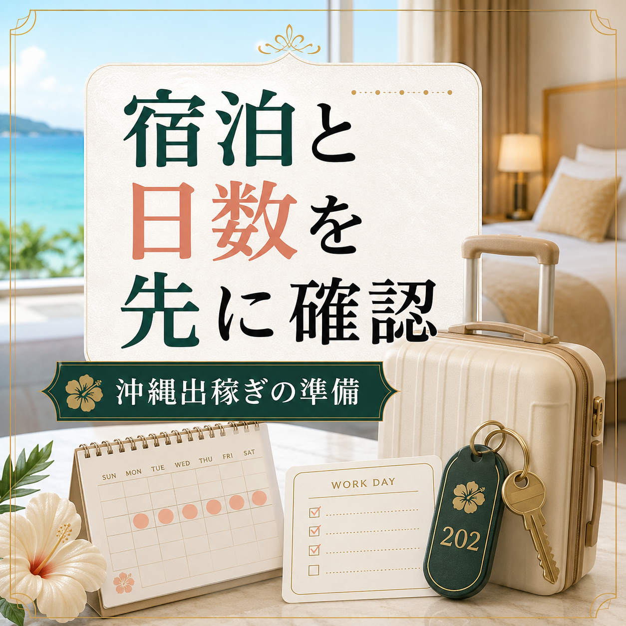 沖縄出稼ぎで宿泊先と出勤日数を事前に確認するチェックカード風イメージ