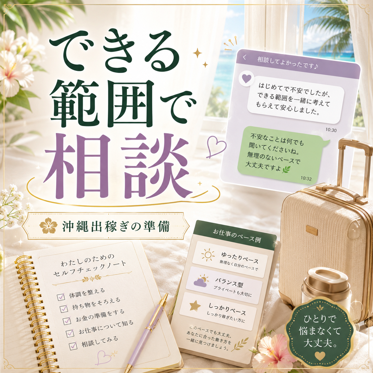 沖縄出稼ぎ前にできる範囲や働くペースを相談できることを伝えるアイキャッチ画像