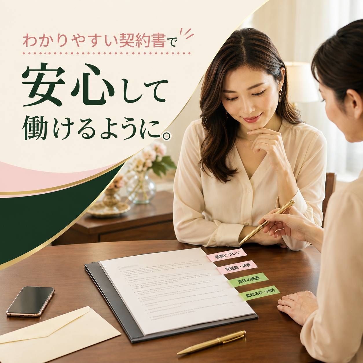 業務委託契約書の内容を女性スタッフと一緒に確認する求職中の女性